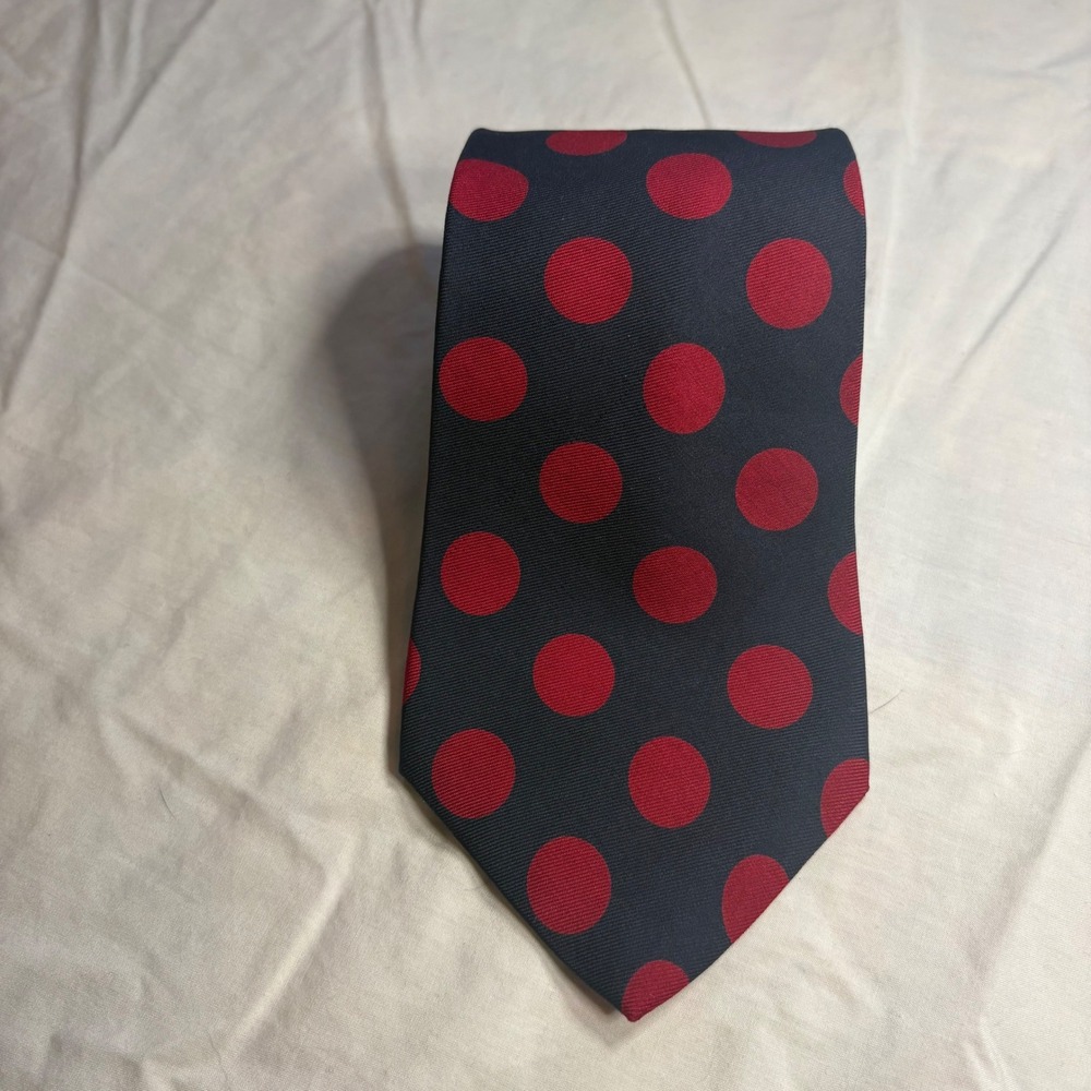 Paul Fredrick Mens Navy Red Polka Dot Silk Necktie